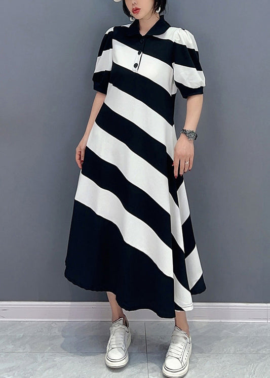Cute Black White Striped Peter Pan Collar Patchwork Long Dress Short Sleeve LC0319 - fabuloryshop