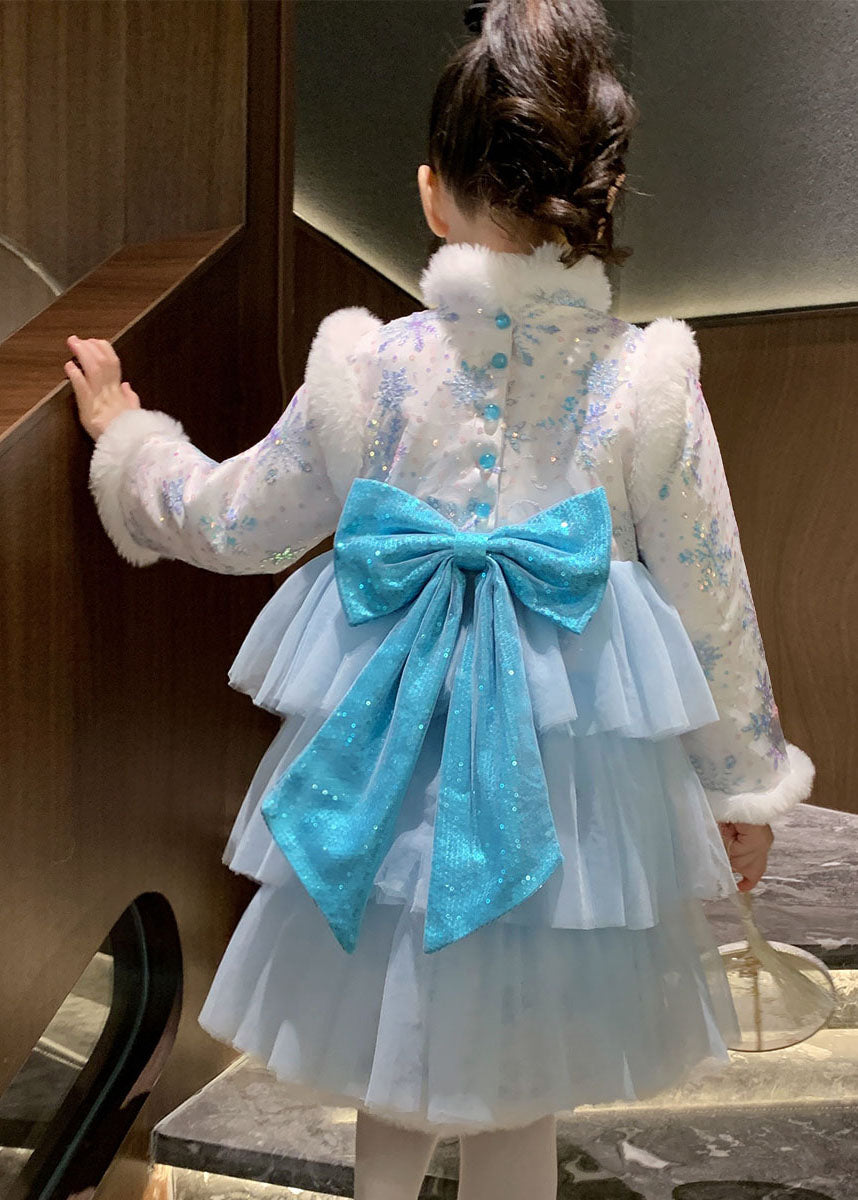 Cute Blue Fur Collar Bow Tulle Patchwork Warm Fleece Girls Long Dress Winter Ada Fashion