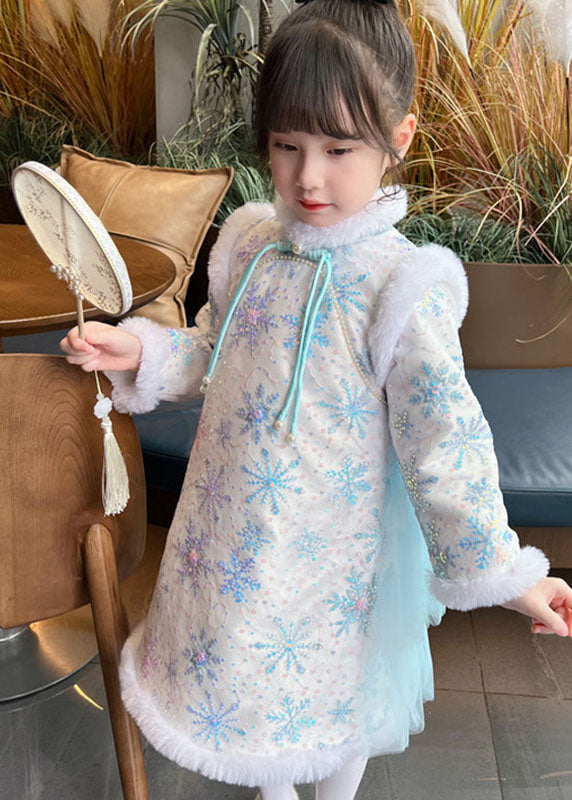 Cute Blue Fur Collar Bow Tulle Patchwork Warm Fleece Girls Long Dress Winter Ada Fashion