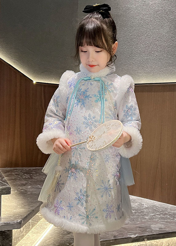 Cute Blue Fur Collar Bow Tulle Patchwork Warm Fleece Girls Long Dress Winter Ada Fashion