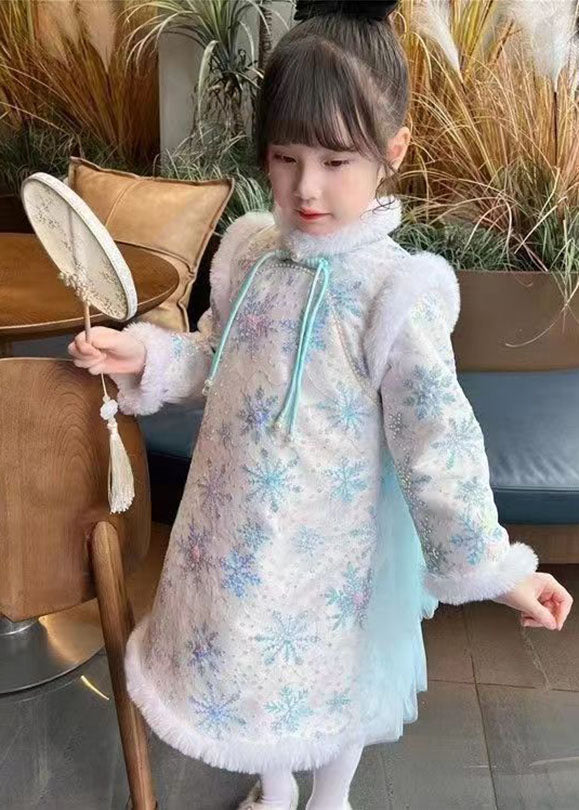 Cute Blue Fur Collar Bow Tulle Patchwork Warm Fleece Girls Long Dress Winter Ada Fashion