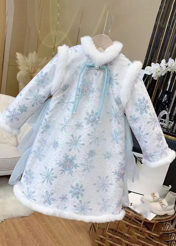 Cute Blue Fur Collar Bow Tulle Patchwork Warm Fleece Girls Long Dress Winter Ada Fashion