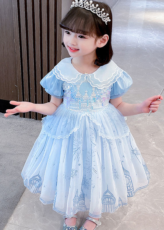 Cute Blue Ruffled Patchwork Tulle Girls Vacation Long Dresses Summer Ada Fashion