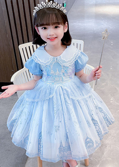 Cute Blue Ruffled Patchwork Tulle Girls Vacation Long Dresses Summer Ada Fashion