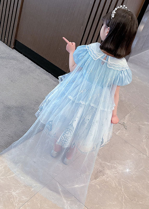 Cute Blue Ruffled Patchwork Tulle Girls Vacation Long Dresses Summer Ada Fashion