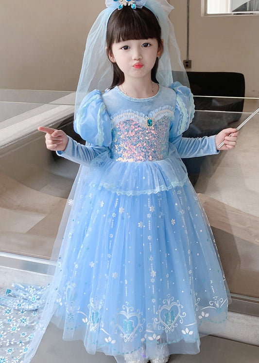 Cute Blue Ruffled Sequins Patchwork Tulle Kids Girls Princess Dresses Fall Ada Fashion