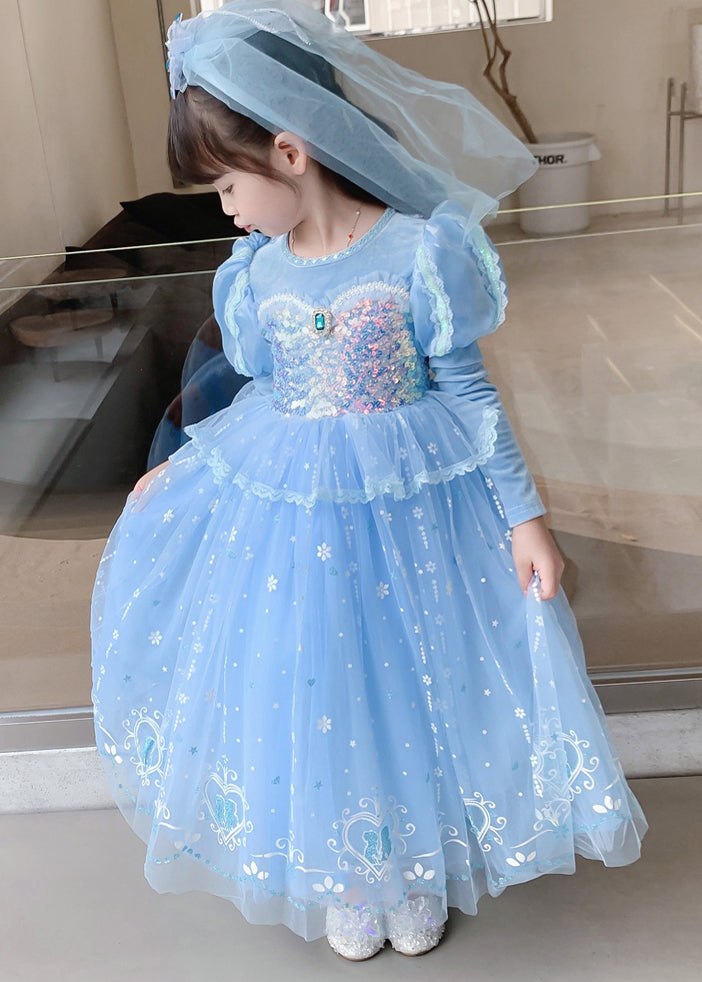 Cute Blue Ruffled Sequins Patchwork Tulle Kids Girls Princess Dresses Fall Ada Fashion