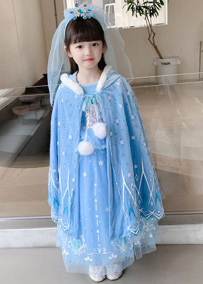 Cute Blue Ruffled Sequins Patchwork Tulle Kids Girls Princess Dresses Fall Ada Fashion