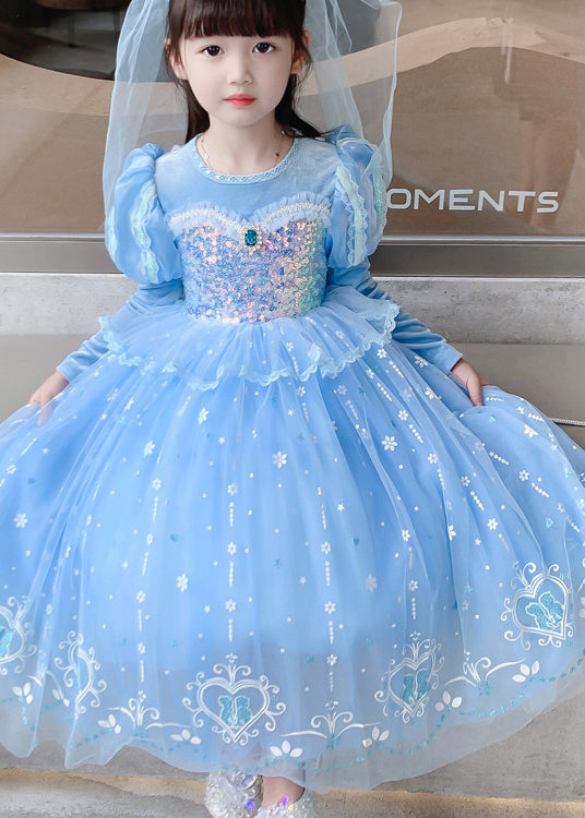 Cute Blue Ruffled Sequins Patchwork Tulle Kids Girls Princess Dresses Fall Ada Fashion