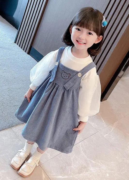 Cute Blue Slash Neck Patchwork Corduroy Girls Slip Dress And T Shirt Two Pieces Set Summer LY6430 - fabuloryshop