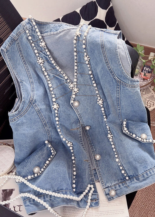 Cute Blue V Neck Patchwork Nail Bead Denim Waistcoat Fall Ada Fashion