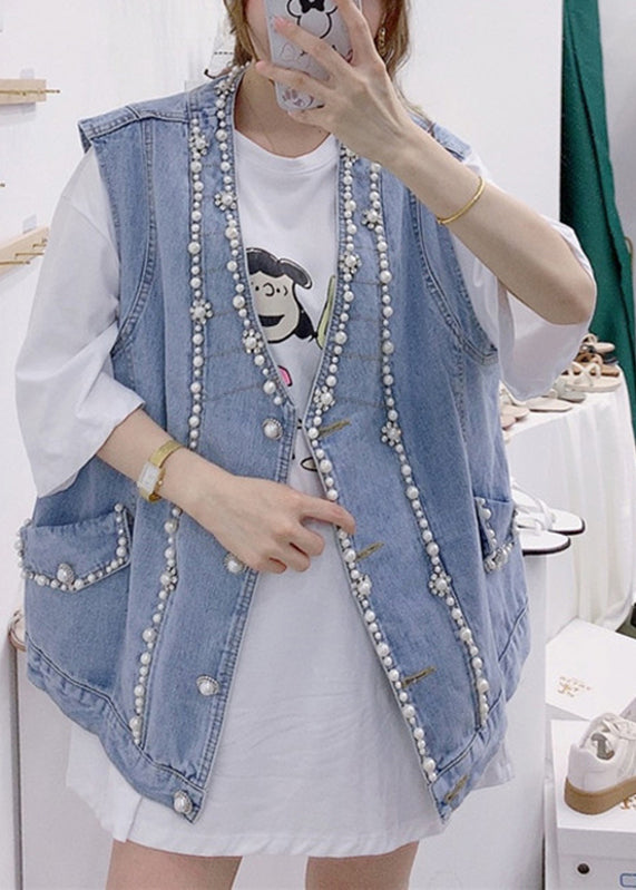 Cute Blue V Neck Patchwork Nail Bead Denim Waistcoat Fall Ada Fashion