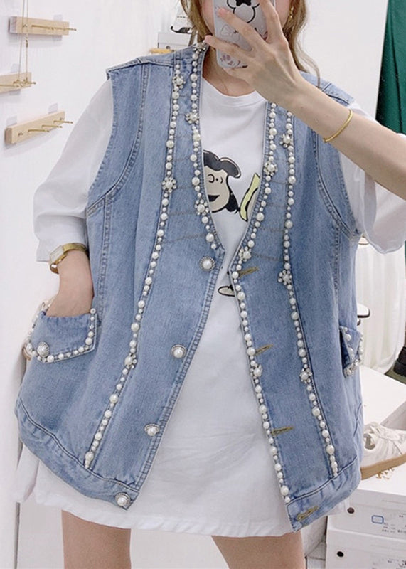 Cute Blue V Neck Patchwork Nail Bead Denim Waistcoat Fall Ada Fashion