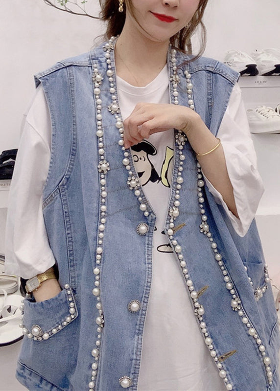 Cute Blue V Neck Patchwork Nail Bead Denim Waistcoat Fall Ada Fashion