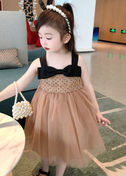 Cute Coffee Bow Wrinkled Patchwork Tulle Kids Girls Dresses Summer LY5503 - fabuloryshop