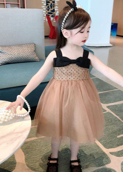 Cute Coffee Bow Wrinkled Patchwork Tulle Kids Girls Dresses Summer LY5503 - fabuloryshop