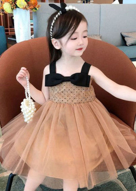 Cute Coffee Bow Wrinkled Patchwork Tulle Kids Girls Dresses Summer LY5503 - fabuloryshop