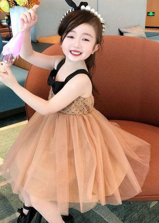 Cute Coffee Bow Wrinkled Patchwork Tulle Kids Girls Dresses Summer LY5503 - fabuloryshop