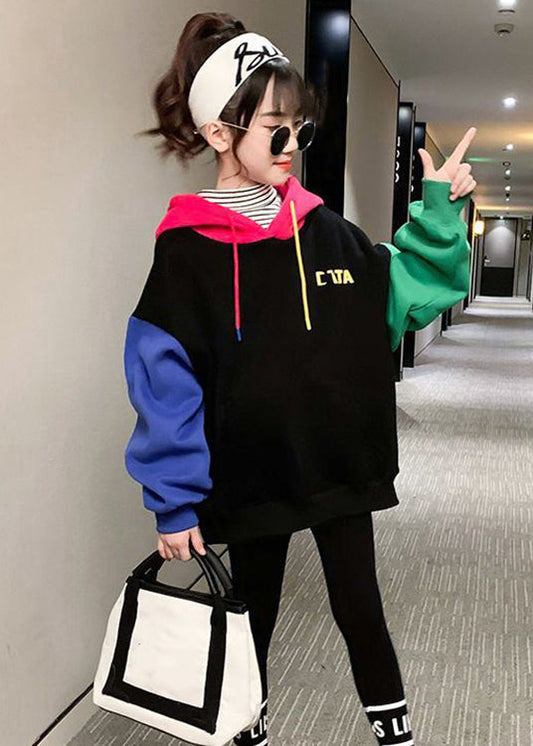 Cute Colorblock Hooded Print Patchwork Cotton Girls Sweatshirt Winter Ada Fashion