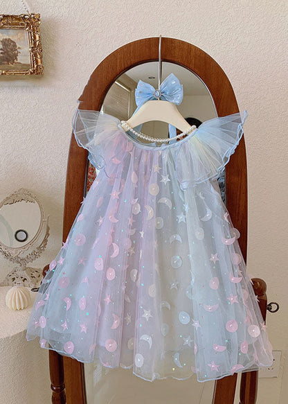 Cute Gradient Blue Sequins Wrinkled Patchwork Tulle Baby Girls Dress Summer LY6469 Ada Fashion