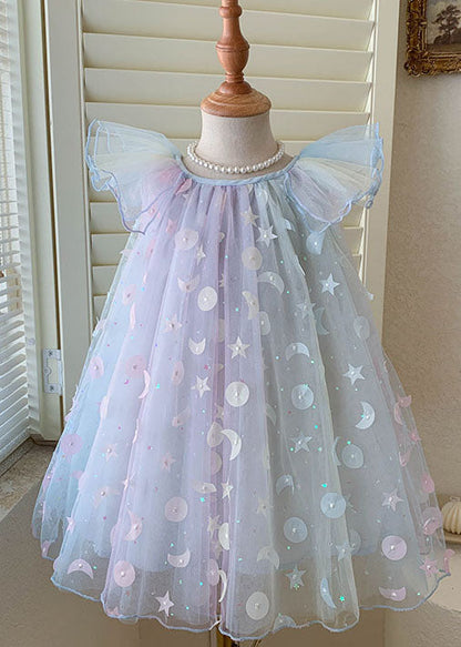 Cute Gradient Blue Sequins Wrinkled Patchwork Tulle Baby Girls Dress Summer LY6469 Ada Fashion