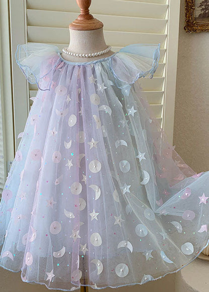 Cute Gradient Blue Sequins Wrinkled Patchwork Tulle Baby Girls Dress Summer LY6469 Ada Fashion