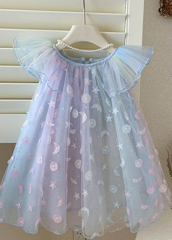 Cute Gradient Blue Sequins Wrinkled Patchwork Tulle Baby Girls Dress Summer LY6469 Ada Fashion