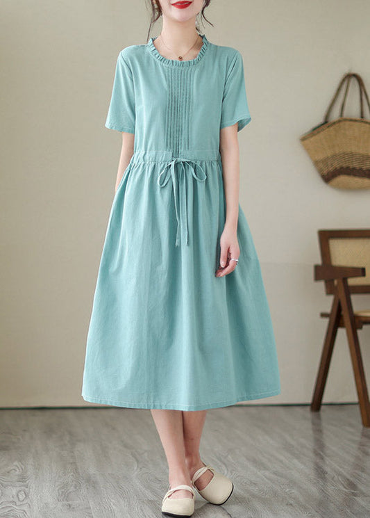 Cute Green O-Neck Patchwork Tie Waist Solid Linen Long Dresses Short Sleeve LY4419 - fabuloryshop