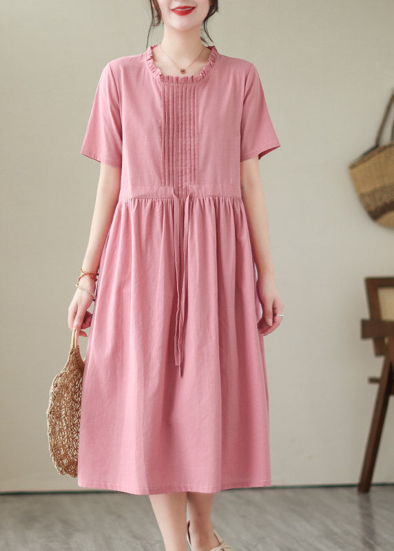 Cute Green O-Neck Patchwork Tie Waist Solid Linen Long Dresses Short Sleeve LY4419 - fabuloryshop