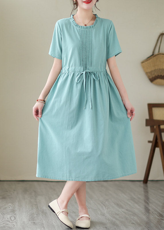 Cute Green O-Neck Patchwork Tie Waist Solid Linen Long Dresses Short Sleeve LY4419 - fabuloryshop