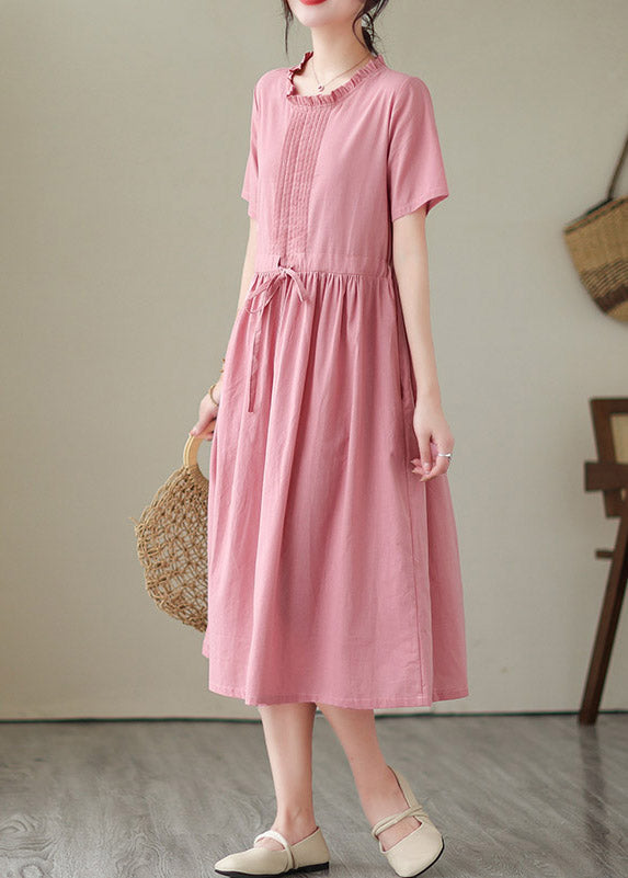 Cute Green O-Neck Patchwork Tie Waist Solid Linen Long Dresses Short Sleeve LY4419 - fabuloryshop