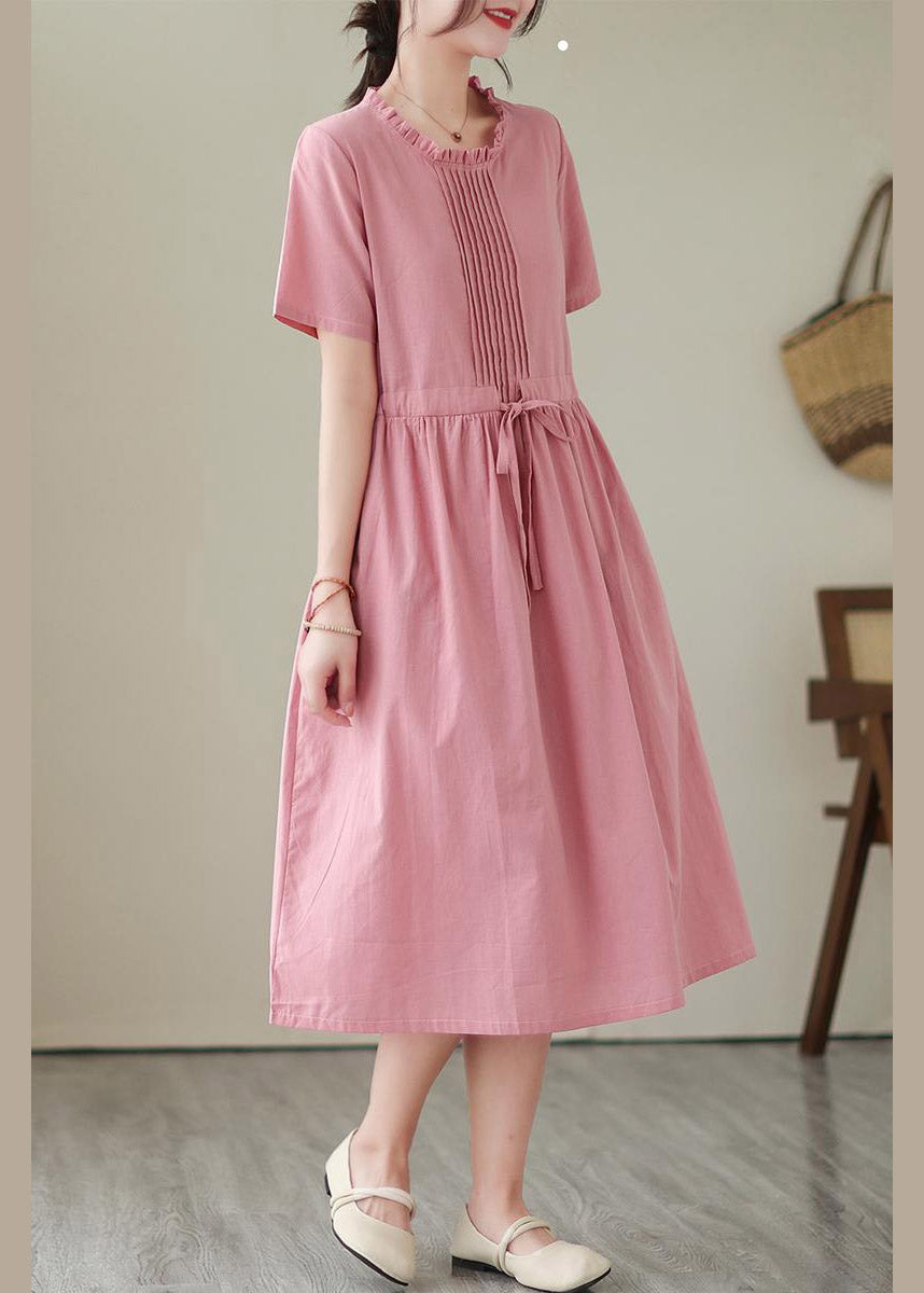 Cute Green O-Neck Patchwork Tie Waist Solid Linen Long Dresses Short Sleeve LY4419 - fabuloryshop