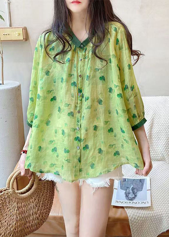 Cute Green Peter Pan Collar Print Linen Blouses Summer LY2934 - fabuloryshop