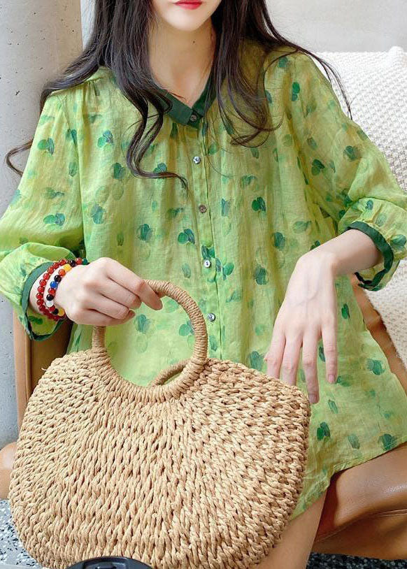 Cute Green Peter Pan Collar Print Linen Blouses Summer LY2934 - fabuloryshop