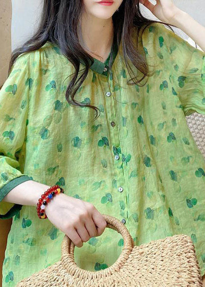 Cute Green Peter Pan Collar Print Linen Blouses Summer LY2934 - fabuloryshop