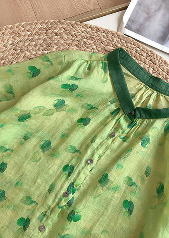 Cute Green Peter Pan Collar Print Linen Blouses Summer LY2934