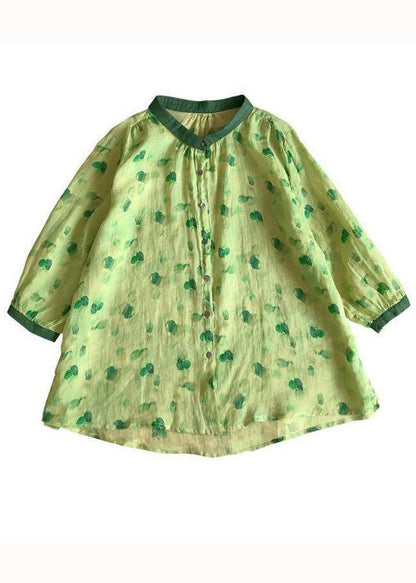 Cute Green Peter Pan Collar Print Linen Blouses Summer LY2934 - fabuloryshop