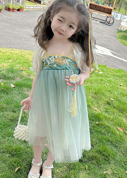 Cute Green Ruffled Embroideried Patchwork Chiffon Kids Girls Dresses Summer LY6479 Ada Fashion