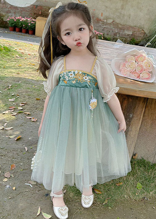 Cute Green Ruffled Embroideried Patchwork Chiffon Kids Girls Dresses Summer LY6479 Ada Fashion