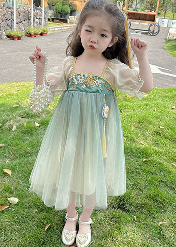 Cute Green Ruffled Embroideried Patchwork Chiffon Kids Girls Dresses Summer LY6479 Ada Fashion