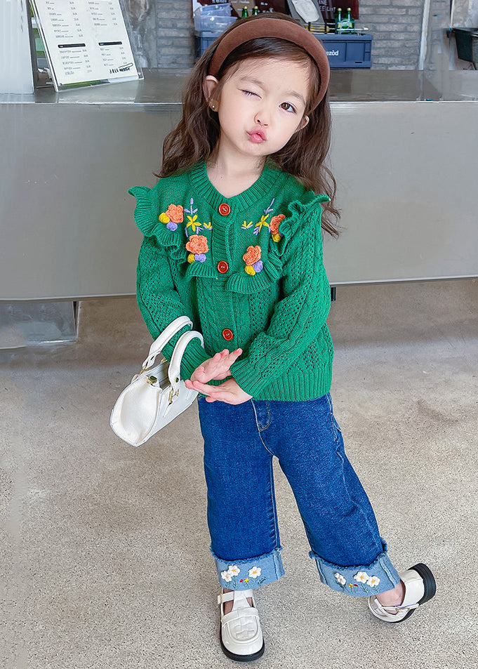 Cute Green Ruffled Knit Coat And Denim Pants Girls Sets 2 Pieces Fall Ada Fashion