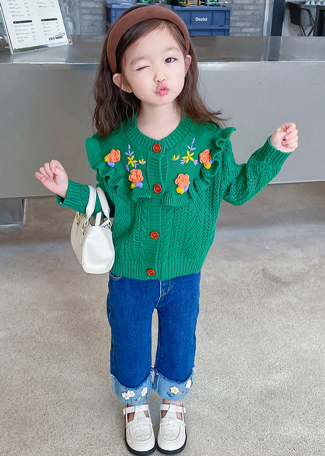 Cute Green Ruffled Knit Coat And Denim Pants Girls Sets 2 Pieces Fall Ada Fashion