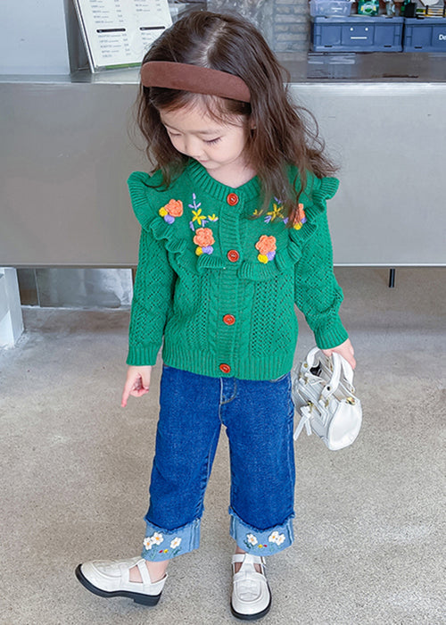 Cute Green Ruffled Knit Coat And Denim Pants Girls Sets 2 Pieces Fall Ada Fashion