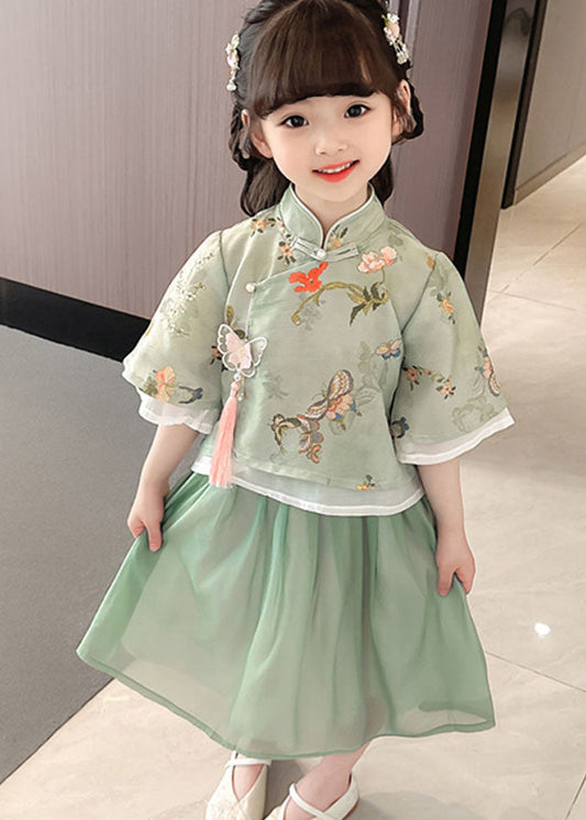 Cute Green Stand Collar Butterfly Patchwork Cotton Kids Girls Two Piece Set Summer  LY6466 Ada Fashion