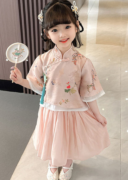 Cute Green Stand Collar Butterfly Patchwork Cotton Kids Girls Two Piece Set Summer  LY6466 Ada Fashion