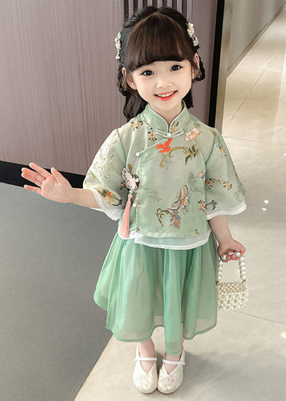 Cute Green Stand Collar Butterfly Patchwork Cotton Kids Girls Two Piece Set Summer  LY6466 Ada Fashion