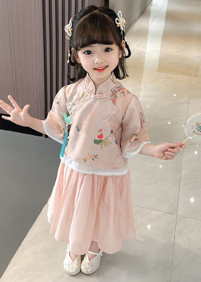 Cute Green Stand Collar Butterfly Patchwork Cotton Kids Girls Two Piece Set Summer  LY6466 Ada Fashion