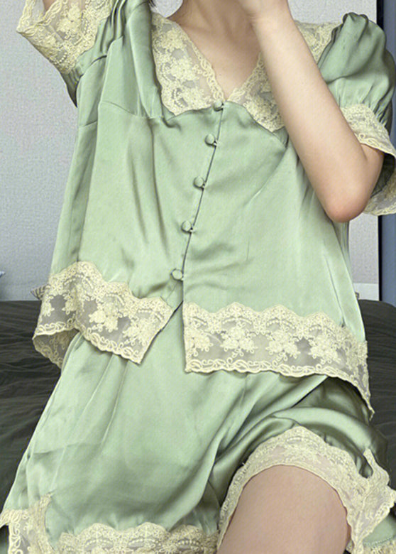 Cute Green V Neck Lace Patchwork Ice Silk Pajamas Two Piece Set Summer LY1916 - fabuloryshop