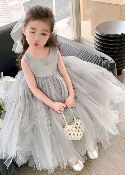 Cute Grey O Neck Wrinkled Patchwork Tulle Baby Girls Party Dress Sleeveless Ada Fashion