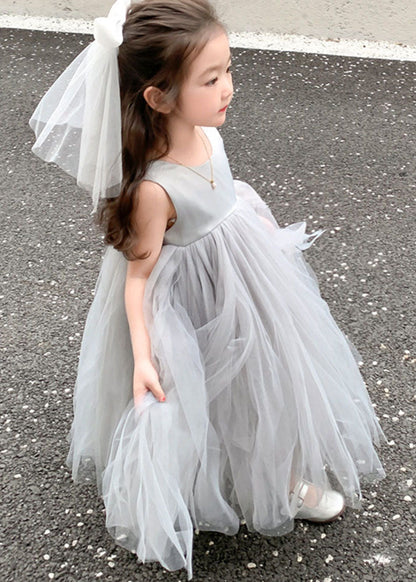 Cute Grey O Neck Wrinkled Patchwork Tulle Baby Girls Party Dress Sleeveless Ada Fashion